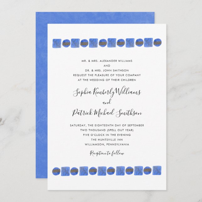 Blue Geometric Watercolor | parents names wedding Invitation (Front/Back)