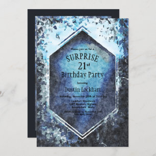 Blue Geometric Watercolor Surprise 21st Birthday Invitation