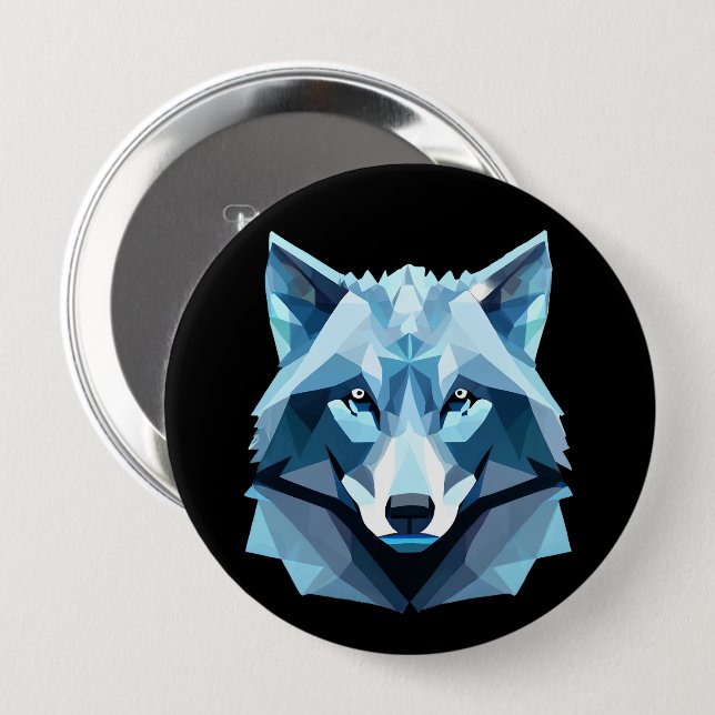 Blue Geometric Wolf Head 10 Cm Round Badge (Front & Back)