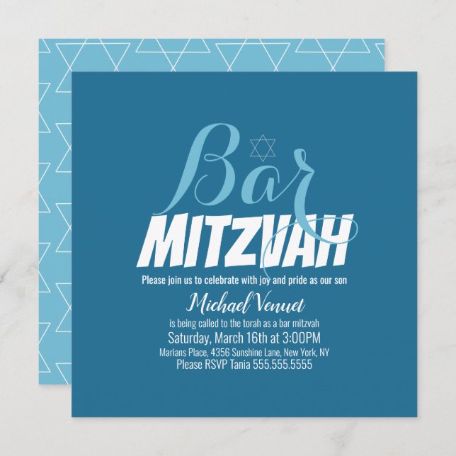 Blue Geometrical White Bar Mitzvah Invitation (Front/Back)