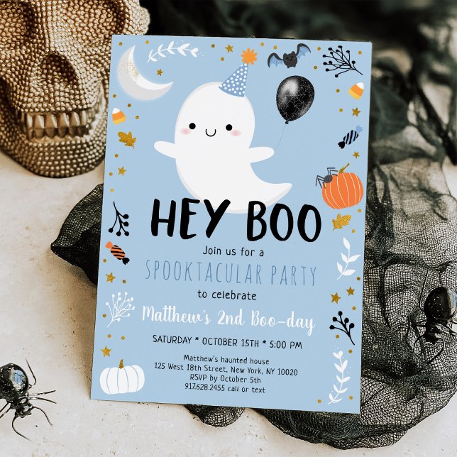 Blue Ghost Hey Boo Birthday Invitation (Creator Uploaded)