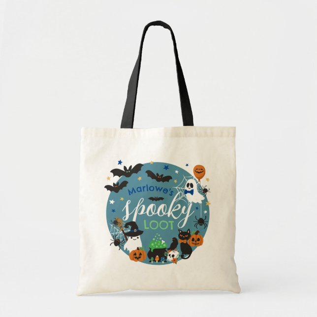 Blue Ghosts Bats Spooky Loot Boys Halloween Tote Bag (Front)