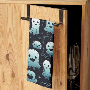 Blue Ghosts Cute Modern Adorable Black Halloween Tea Towel