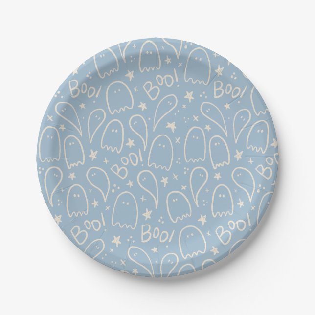 Blue Ghosts Halloween Pattern Paper Plates (Front)