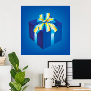 Blue Gift Box with Yellow and Aqua Ribbon Poster