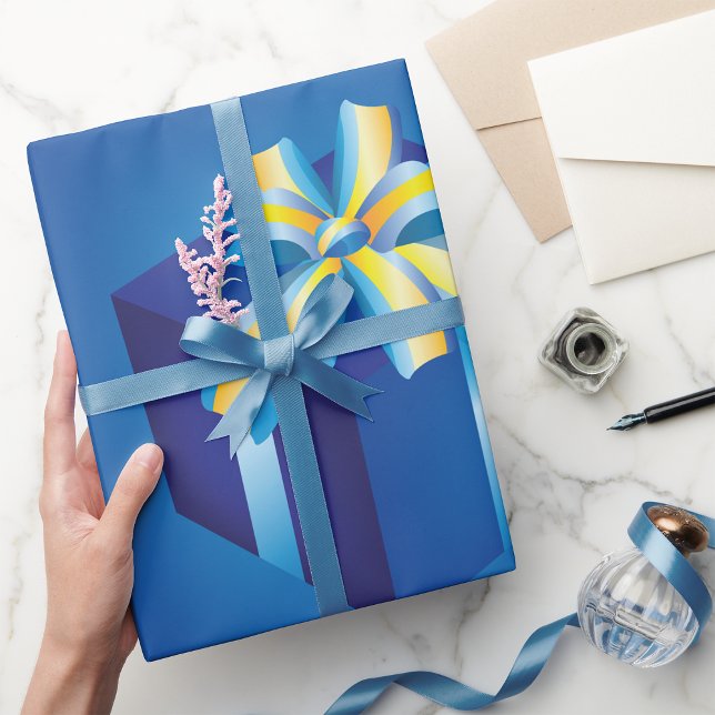 Blue Gift Box with Yellow and Aqua Ribbon  Wrapping Paper (Creator Uploaded)