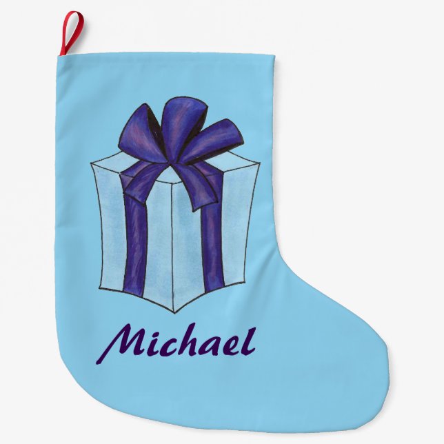 Blue Gift Christmas Hanukkah Holiday Present Bow Large Christmas Stocking (Front)