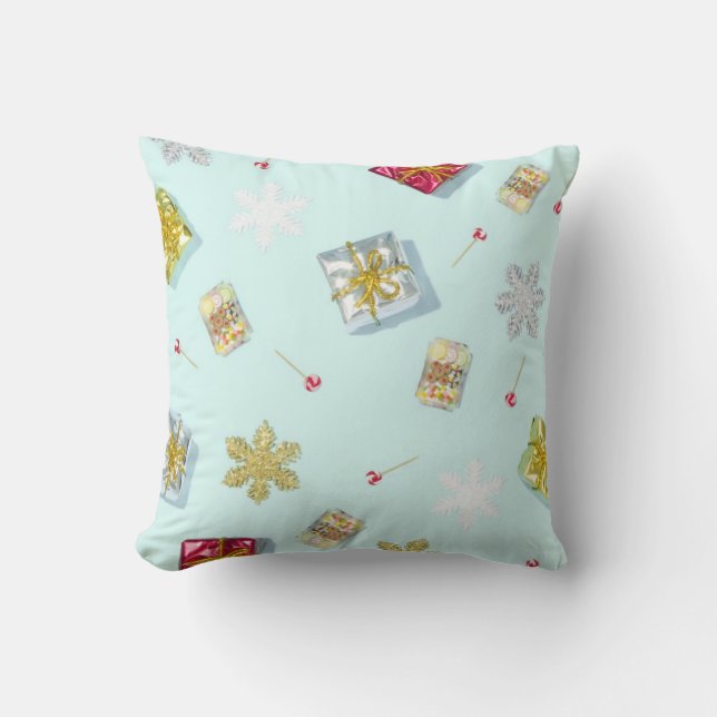 Blue Gifts and Candy Retro Style Christmas Cushion (Front)