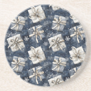 Blue Gifts Bows Silver Snowflakes Christmas Coaster
