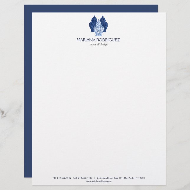Blue Ginger Jars Pottery Elegant Logo Designer Custom Letterhead (Front/Back)