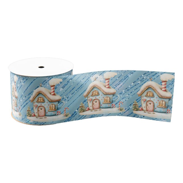 Blue Gingerbread House on Blue Glitter Grosgrain Ribbon (Spool)