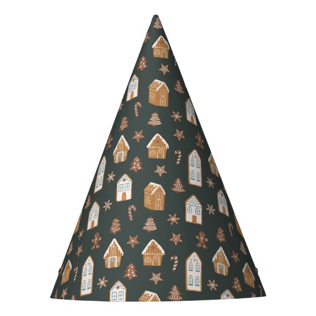Blue Gingerbread House Pattern Birthday Party Hat (Front)
