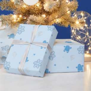 Blue Gingerbread Man Snowflakes Christmas Pattern Wrapping Paper