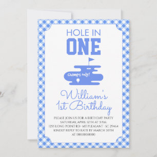 Blue Gingham 1st Birthday Golf Invitation