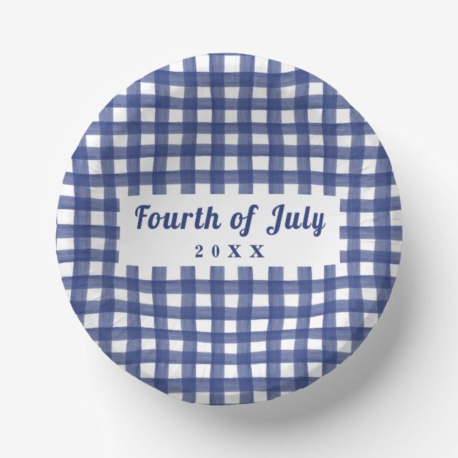 Blue Gingham 4th of July Red White and Blue Paper Plate (Front)