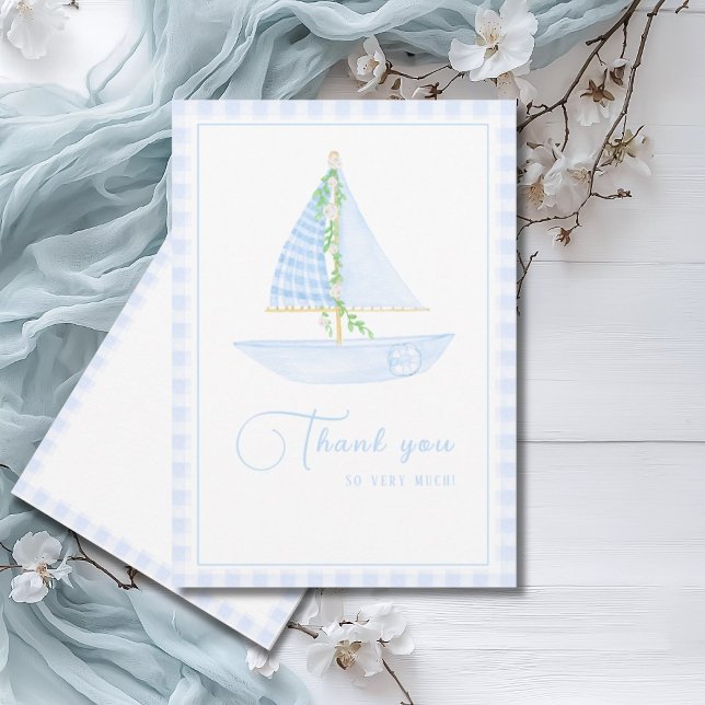 Blue Gingham A Little Skipper Modern Baby Shower Thank You Card (Creator Uploaded)