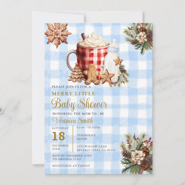 Blue Gingham A Merry Little Baby Shower  Invitation (Front)