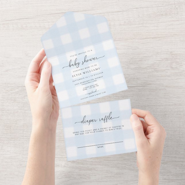Blue Gingham All In One baby Shower Invitation (Tearaway)