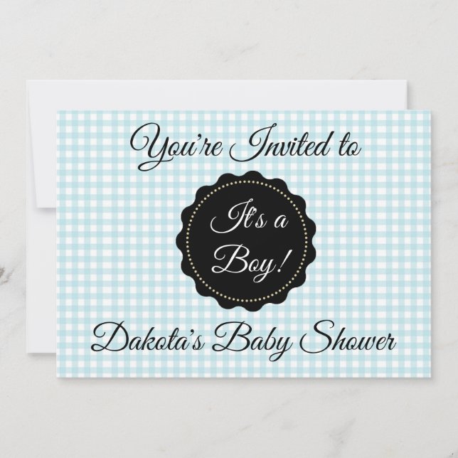 Blue gingham and Black Boy Baby Shower Invitation (Front)