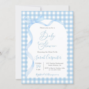 Blue Gingham and Bow Baby Shower Boy Invitation