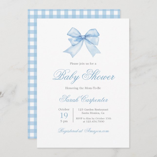Blue Gingham and Bow Baby Shower Boy Invitation (Front/Back)