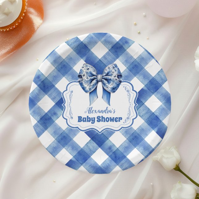 Blue Gingham and Bow  Paper Plate (Creator Uploaded)