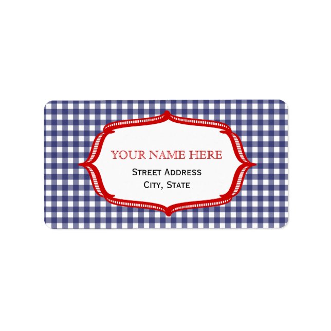 Blue Gingham And Red Address Label (Front)