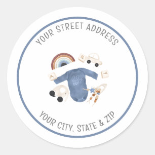 Blue Gingham and Toys Baby Return Address Sticker