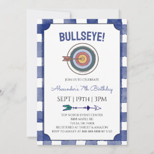 Blue Gingham Archery Birthday Party Invitation