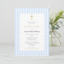 Blue Gingham Baby Boy Baptism Invitation