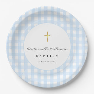 Blue Gingham Baby Boy Baptism Paper Plate