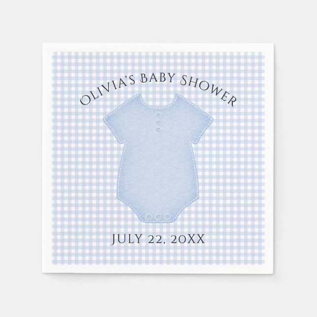 Blue Gingham Baby Boy Bodysuit Baby Shower Napkin (Front)