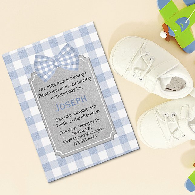 Blue Gingham Baby Boy First Birthday Invitation (Creator Uploaded)