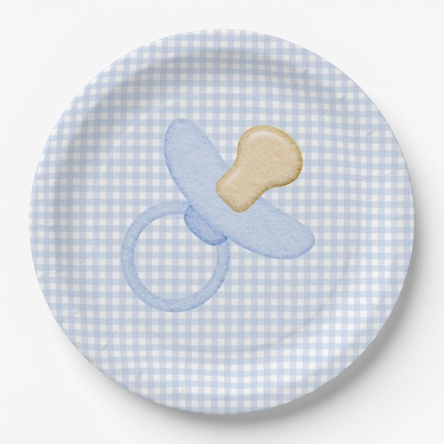 Blue Gingham Baby Boy Pacifier Baby Shower Paper Plate (Front)