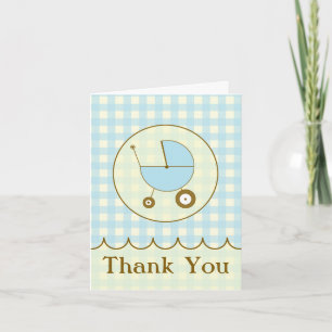 Blue Gingham Baby Carriage Thank You Card