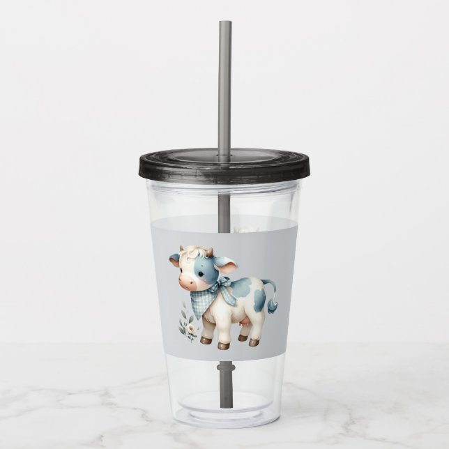 Blue Gingham Baby Cow Pastel Farm Aesthetic Acrylic Tumbler (Front)