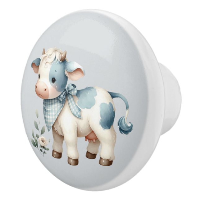Blue Gingham Baby Cow Pastel Farm Aesthetic Ceramic Knob (Right)