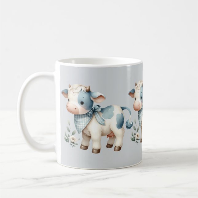 Blue Gingham Baby Cow Pastel Farm Aesthetic Coffee Mug (Left)