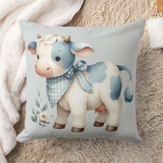 Blue Gingham Baby Cow Pastel Farm Aesthetic Cushion (Blanket)