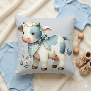 Blue Gingham Baby Cow Pastel Farm Aesthetic Cushion