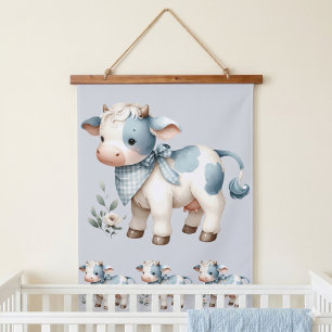 Blue Gingham Baby Cow Pastel Farm Aesthetic Hanging Tapestry