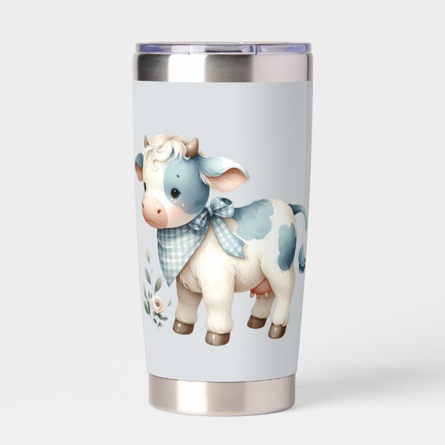 Blue Gingham Baby Cow Pastel Farm Aesthetic Insulated Tumbler (Front)