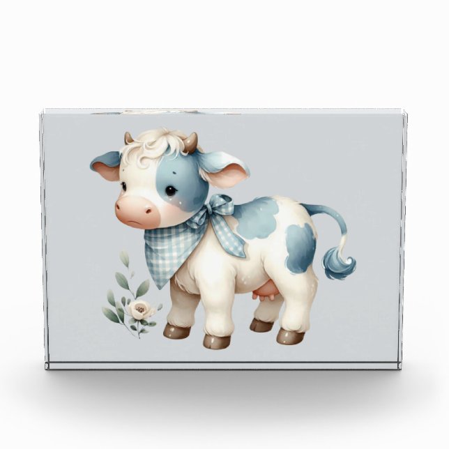 Blue Gingham Baby Cow Pastel Farm Aesthetic Photo Block (Front)