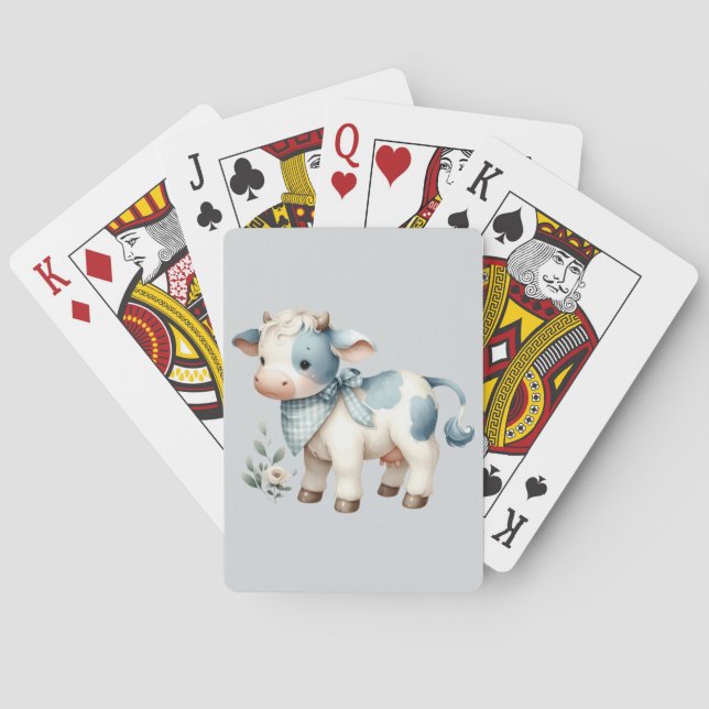 Blue Gingham Baby Cow Pastel Farm Aesthetic Playing Cards (Back)