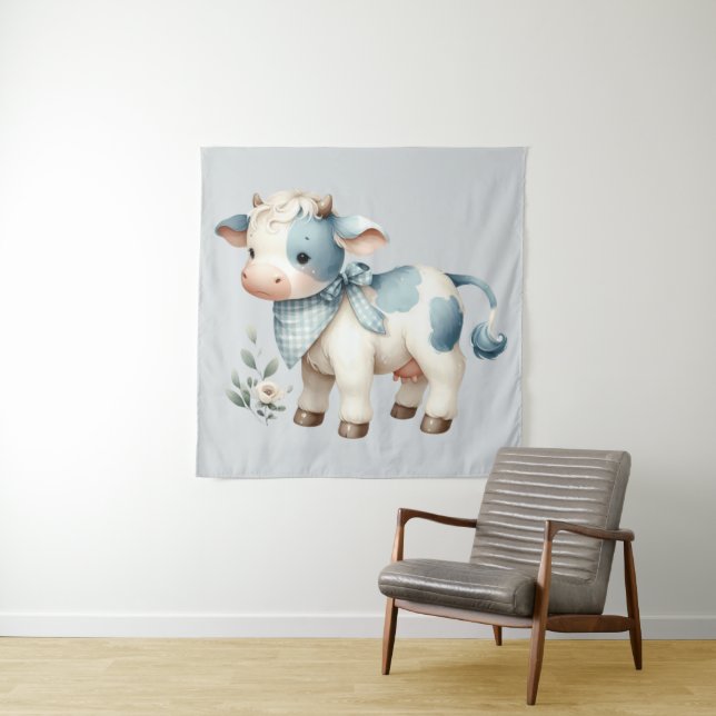 Blue Gingham Baby Cow Pastel Farm Aesthetic Tapestry (In Situ)