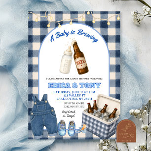 Blue Gingham Baby Is Brewing Beer Coed Baby Shower Invitation