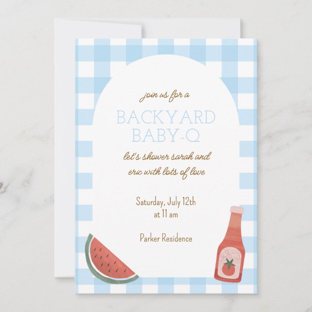 Blue Gingham Baby-Q Baby Shower Invitation (Front)
