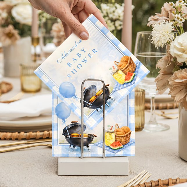 Blue Gingham Baby Q Baby Shower Napkin (Creator Uploaded)