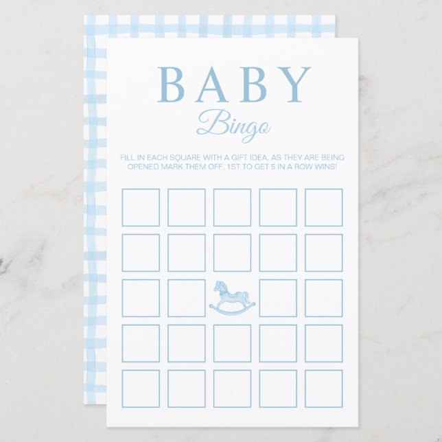 Blue Gingham Baby Shower Bingo Game Card (Front/Back)
