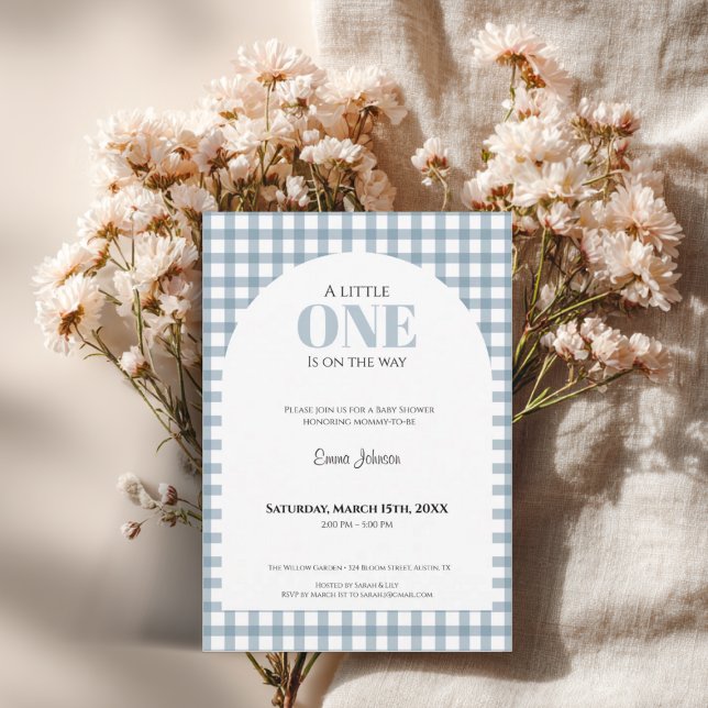 Blue Gingham Baby Shower for Boy Invitation (Blue gingham baby shower invitation with classic check pattern and modern typography for a baby boy.)
